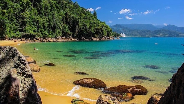 A beach with clear turquoise water, rocky shore, and dense green forest. - Madagascar (Ubatuba)