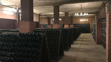 A wine cellar with rows of wine racks and a brick wall.