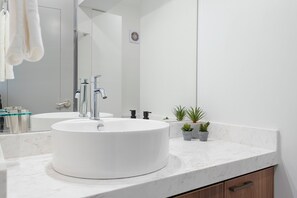 Buồng tắm vòi sen, máy sấy tóc, khăn tắm, xà phòng 