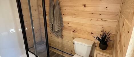 Shower, towels, soap, toilet paper