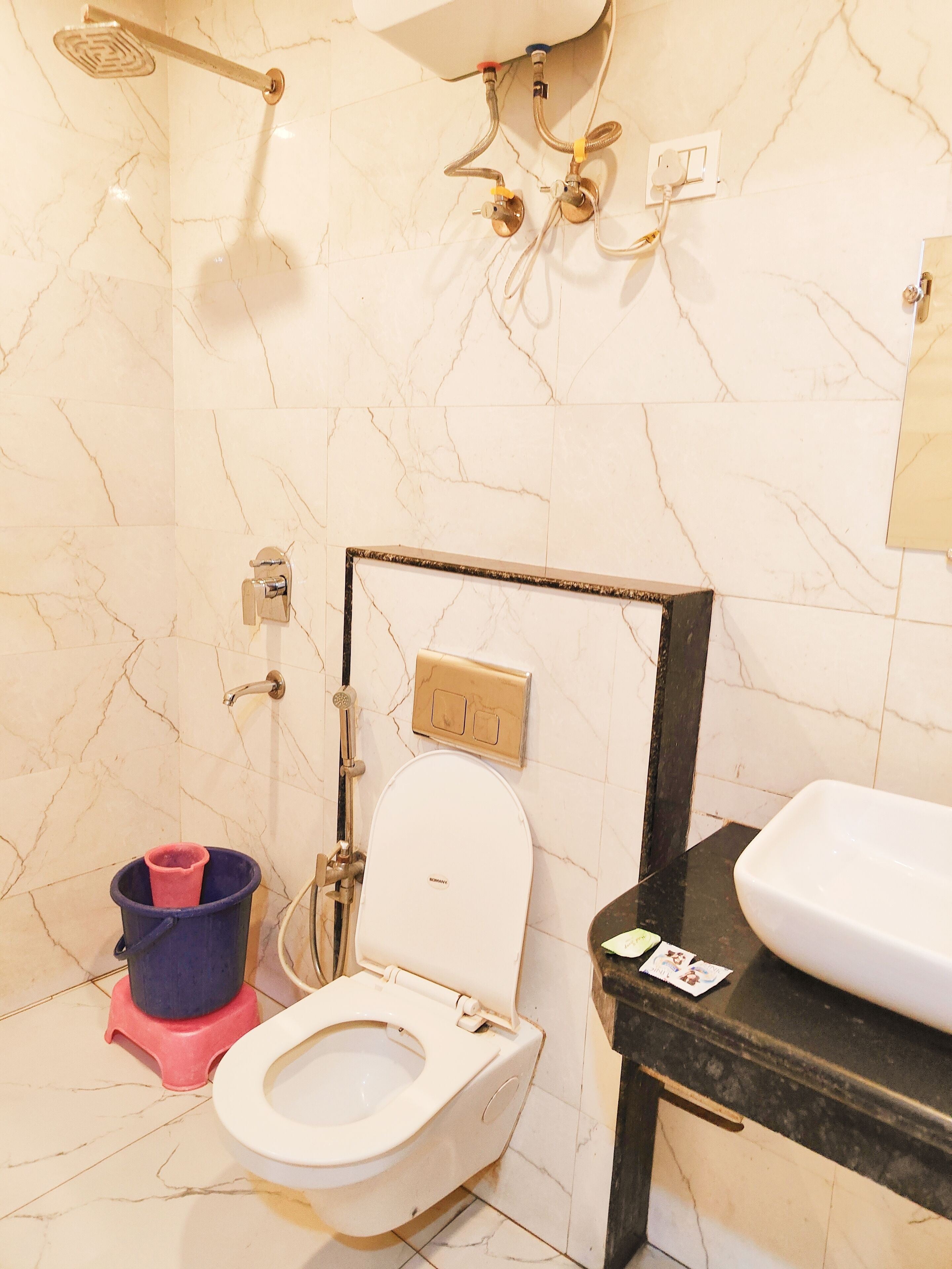 hydromassage showerhead, free toiletries, hair dryer, dressing gowns