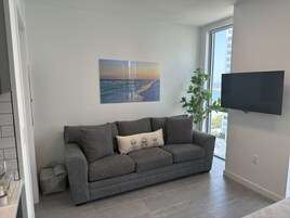 尊贵开间 | 起居区 | 50-英寸智能电视（配备有线频道）、Netflix、Hulu