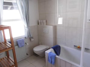 Hair dryer, towels, soap, toilet paper