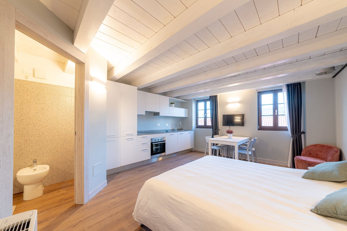 A modern bedroom with a large bed, a small kitchenette, and a bathroom.