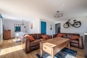 Télévision, cheminée, chaîne hi-fi