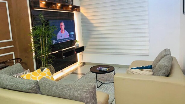 A modern living room with a flat-screen TV, a sofa, a coffee table, and a potted plant. - Charming 1-bed Apartment in Victoria Island, Lagos (Lagos)