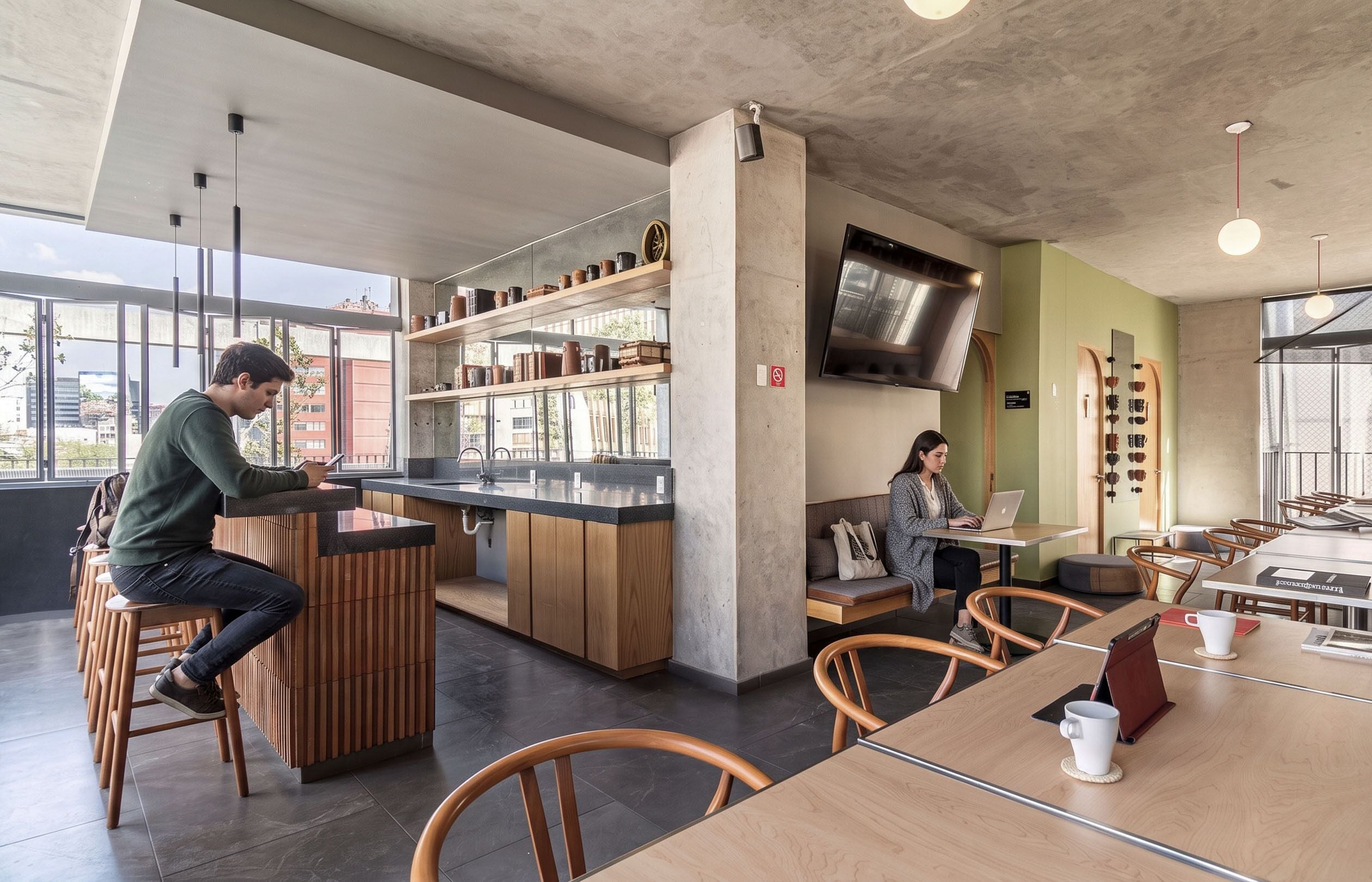 Un café moderne avec des tabourets en bois, un coin bar et un espace salon avec des tables et des chaises.