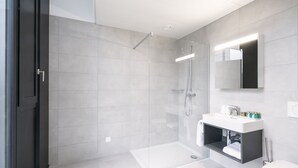 Une salle de bain moderne avec une douche à parois de verre, un lavabo blanc avec un miroir au-dessus et des toilettes.
