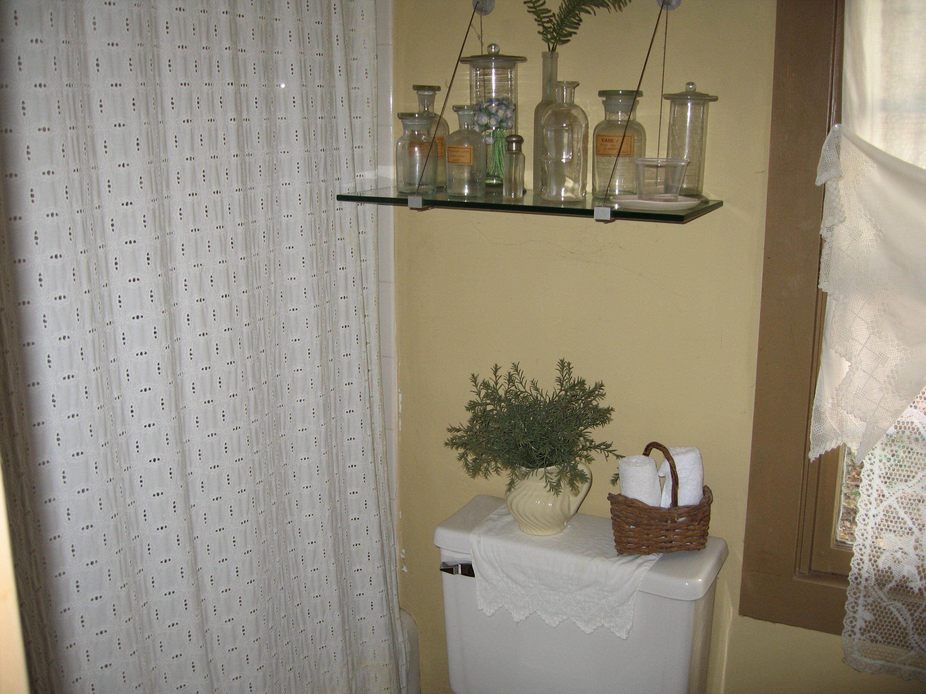 Une salle de bain avec des toilettes, une étagère avec des bocaux en verre, une plante en pot et un rideau en dentelle.