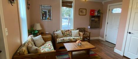 Smart TV, fireplace, books