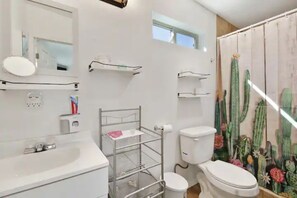 Hair dryer, towels, soap, shampoo