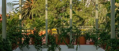 A greenhouse structure with glass walls and metal frames, surrounded by lush greenery and plants.