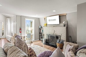 Smart TV, fireplace, books