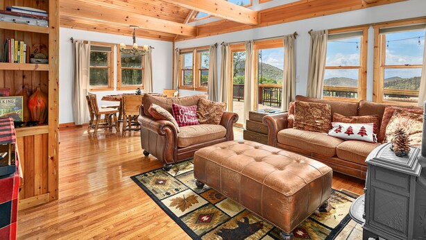 A spacious living room with wooden floors, a large window, and a cozy fireplace. - Black Bear Cabin w Majestic Views (Fairview)