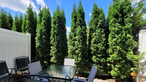 A patio with a glass-top table and chairs, surrounded by tall evergreen trees.