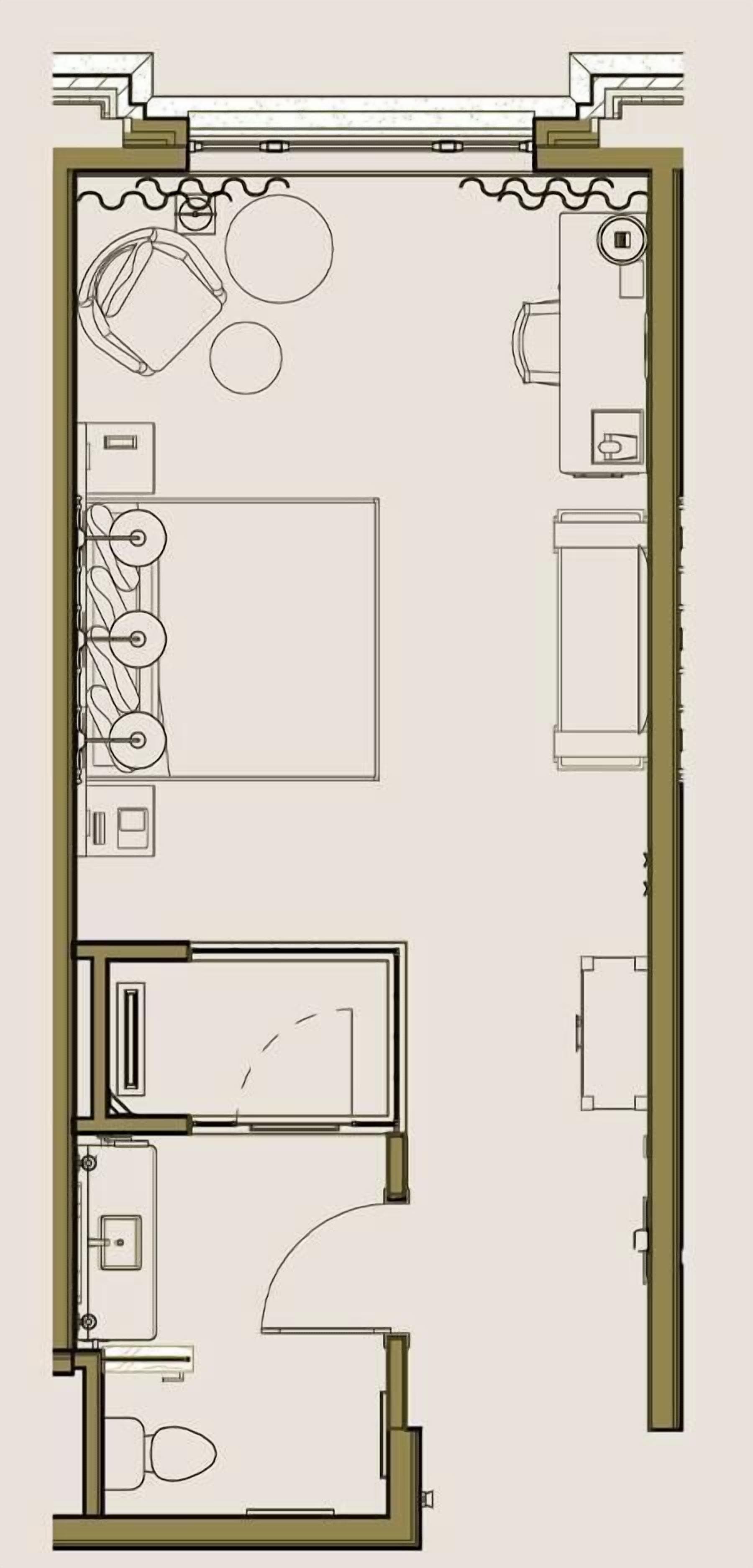 Een plattegrond van een hotelkamer met een badkamer, een kitchenette en een zithoek.