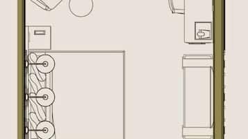 Een plattegrond van een hotelkamer met een badkamer, een kitchenette en een zithoek.