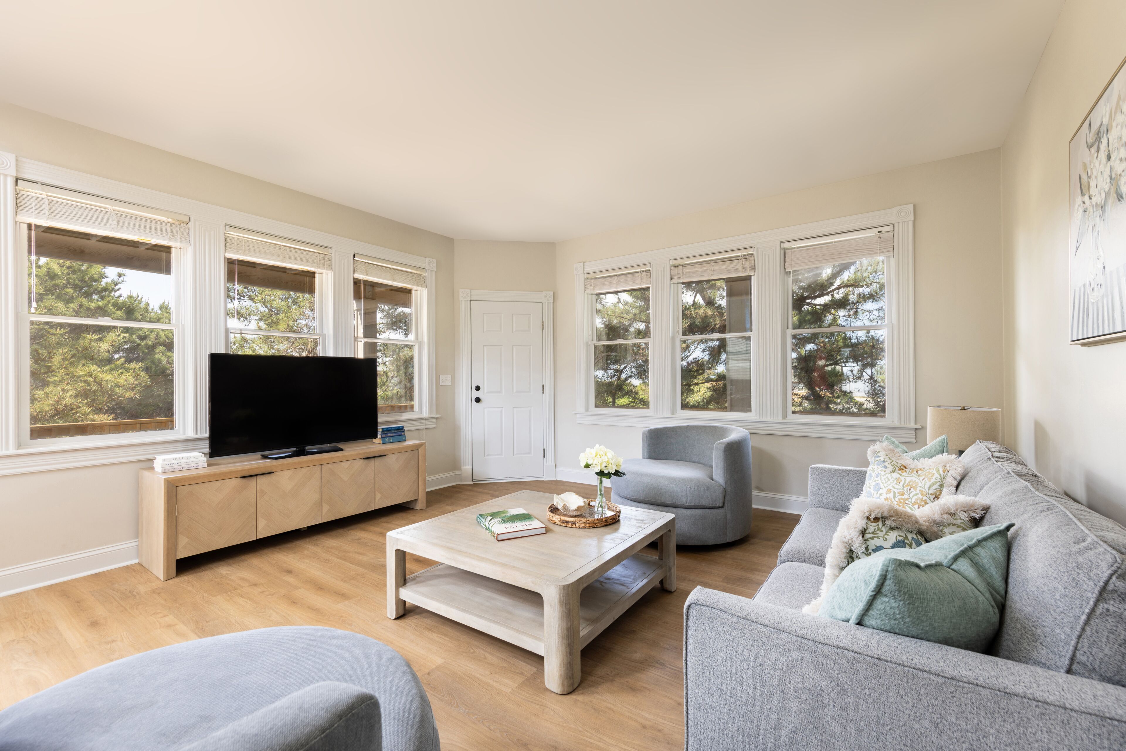 A living room with a television, a sofa, a coffee table, and large windows.