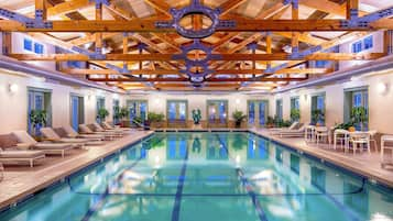 Indoor pool, open 8:00 AM to 6:00 PM, sun loungers