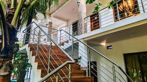 A multi-level interior with a wooden staircase, metal railings, and indoor plants.