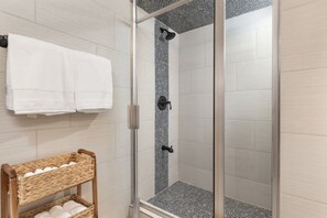 Hair dryer, towels, soap, shampoo