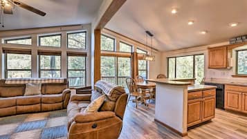 Smart TV, fireplace, books