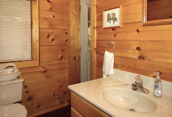 Ein Badezimmer einer Holzhütte mit Toilette, Waschbecken und Handtuchhalter.