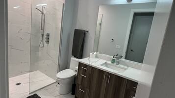 Hair dryer, towels, soap