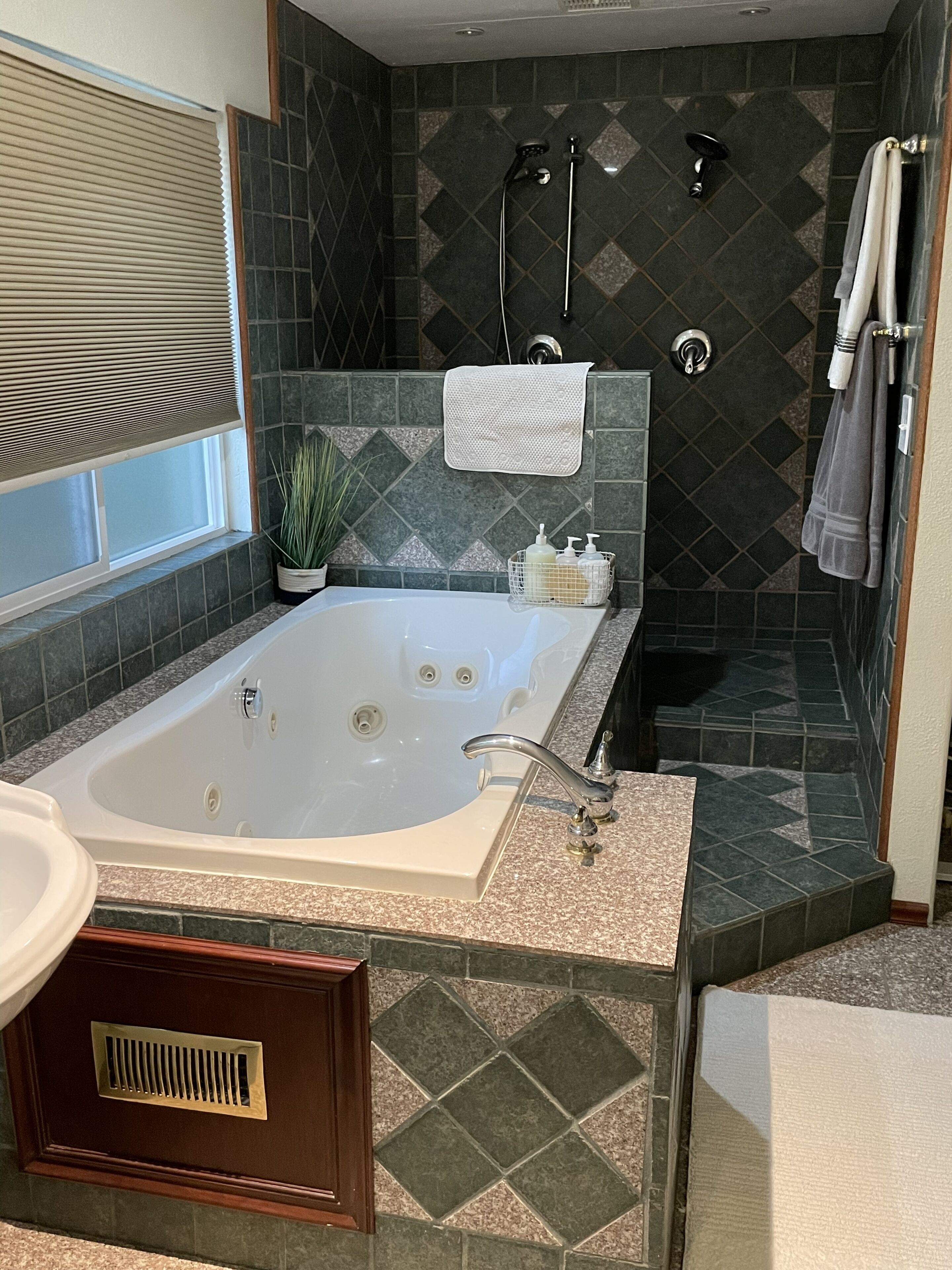 Jetted tub, towels, soap, shampoo