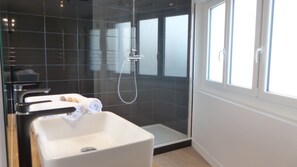 Douche, séchoir à cheveux, serviettes fournies