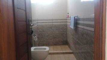 Een douche, een bidet, handdoeken, zeep
