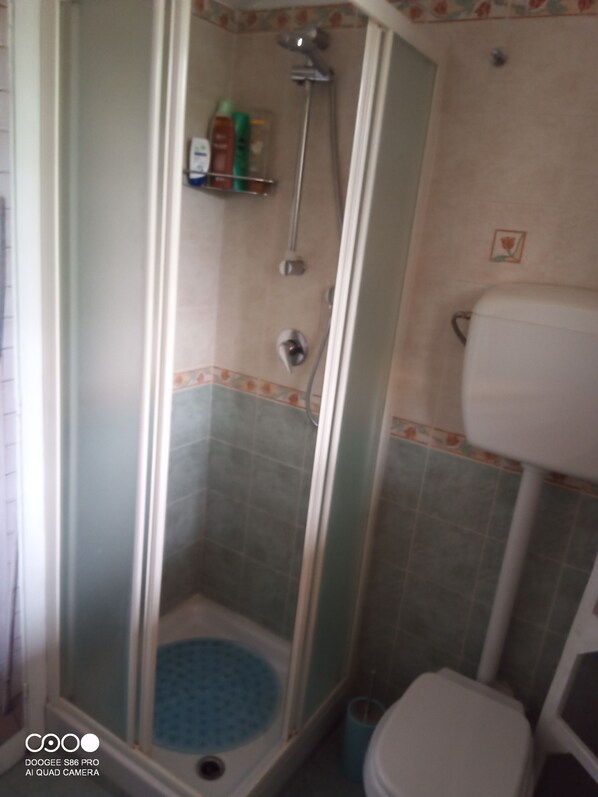 A small bathroom with a shower, toilet, and a sink.