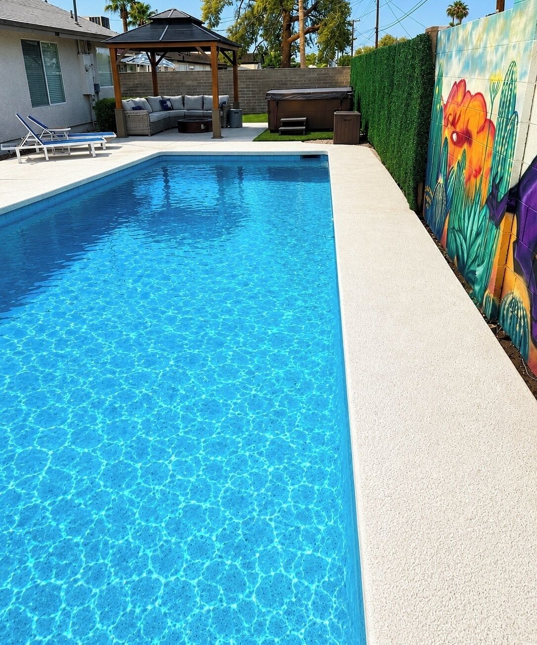 Ein Swimmingpool mit klarem, blauem Wasser, eine überdachte Sitzgelegenheit und ein farbenfrohes Wandbild an der angrenzenden Wand.