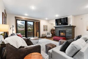 Télévision, cheminée, espaces bureaux