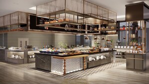 A modern kitchen with a central island, multiple serving stations, and a high ceiling with exposed beams. - Crowne Plaza Chengdu Tianfu New Area by IHG (Chengdu)