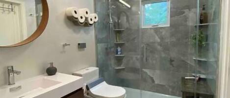 Shower, hair dryer, bidet, towels