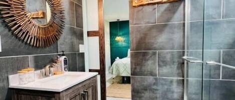 Hair dryer, towels, soap, shampoo