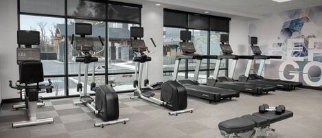 A gym with treadmills, elliptical machines, and weight benches.