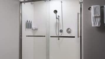 Hair dryer, towels, soap, shampoo
