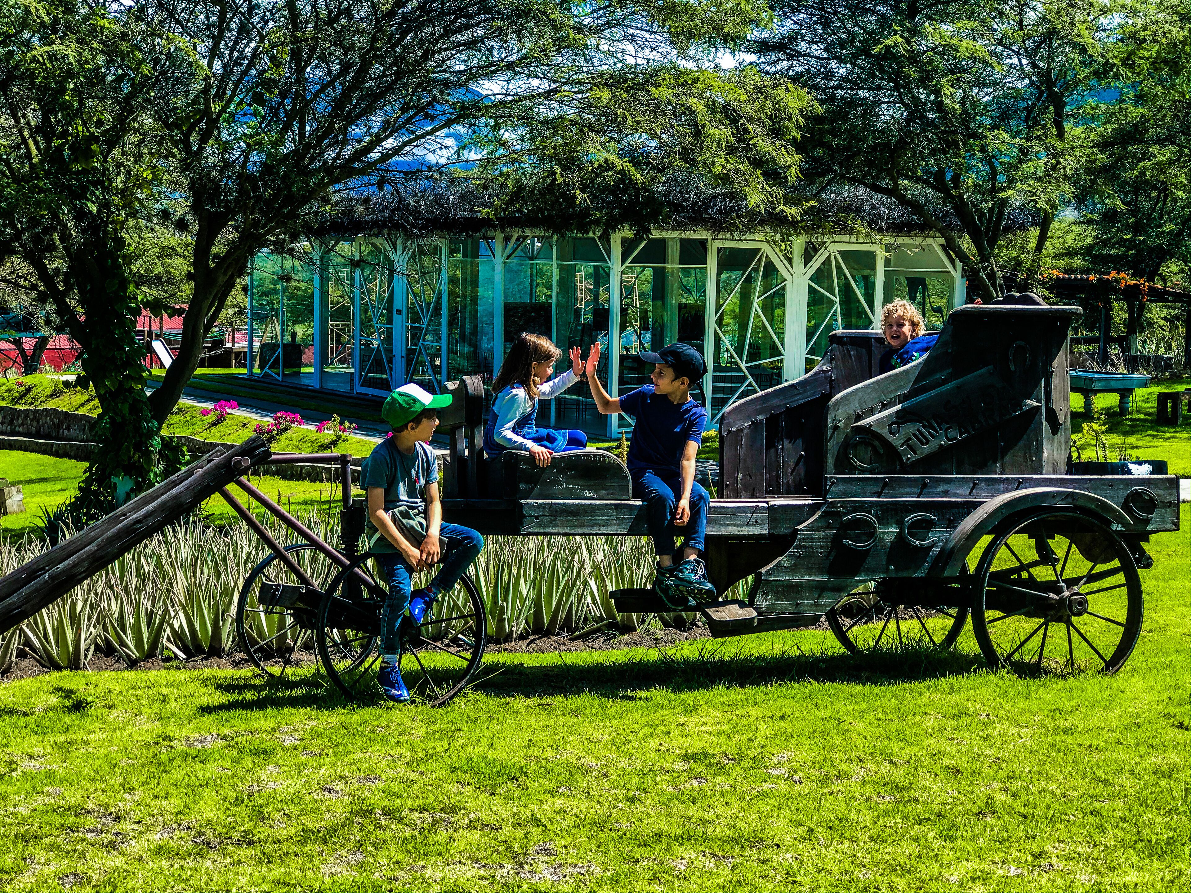 A park with a vintage carriage and people sitting around it.