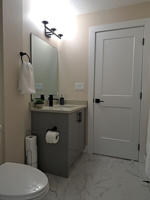 Séchoir à cheveux, serviettes fournies, savon, shampooing