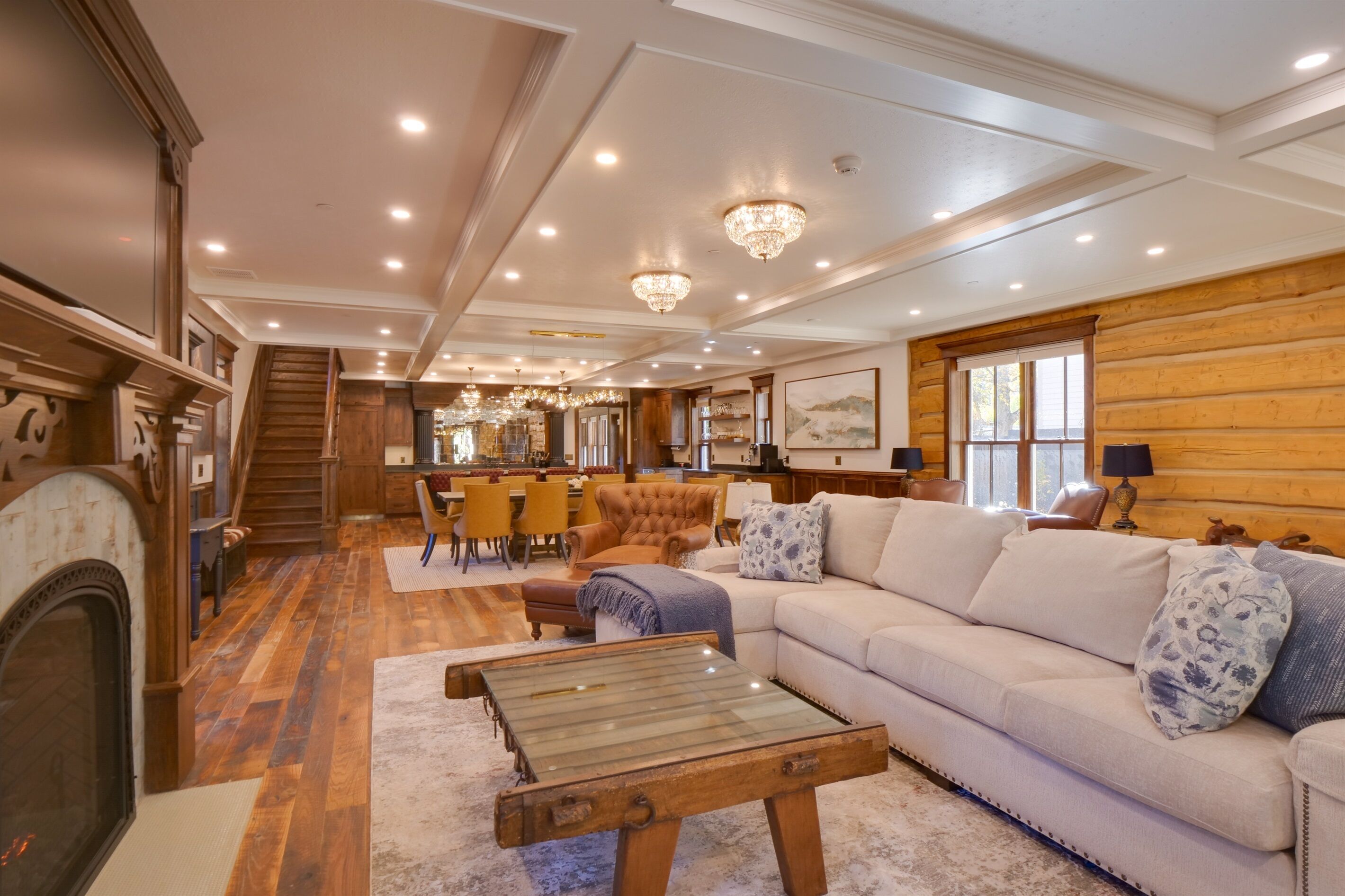 Smart TV, fireplace, foosball, books