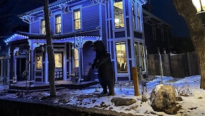 Une maison à deux étages, ornée d’une statue d’ours devant l’entrée, entourée de neige et illuminée par des lumières bleues.
