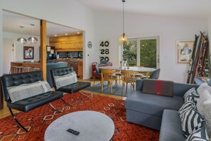 Smart TV, fireplace, books