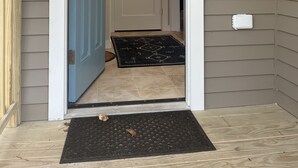 A front door with a blue door, a black doormat, and a small white light fixture above it. - Fly fishing, tubing, biking and shopping are steps away! (Sunderland)