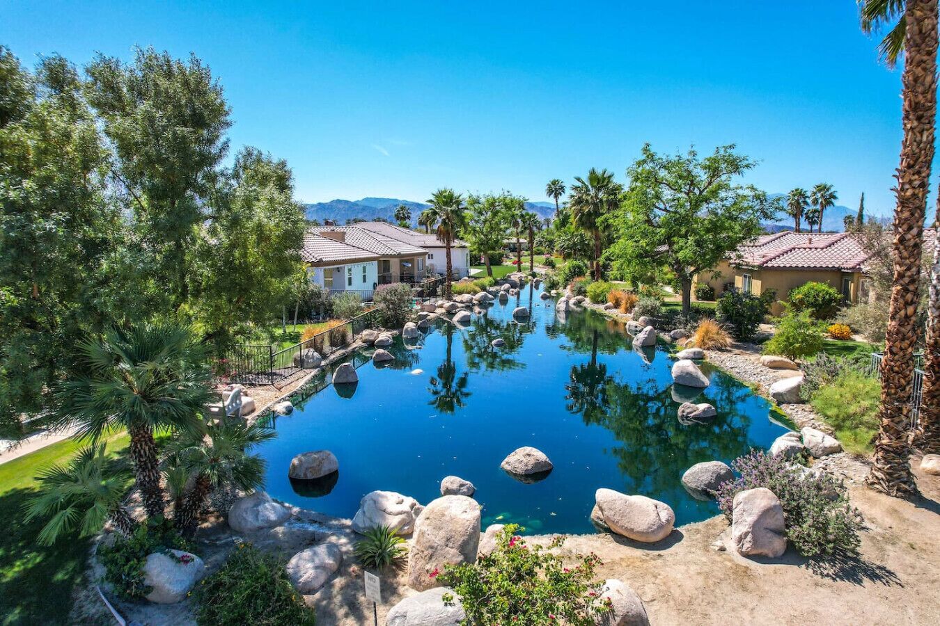 Un área de piscina tranquila con una piscina azul cristalina, rodeada de rocas y diferentes árboles, y casas al fondo.