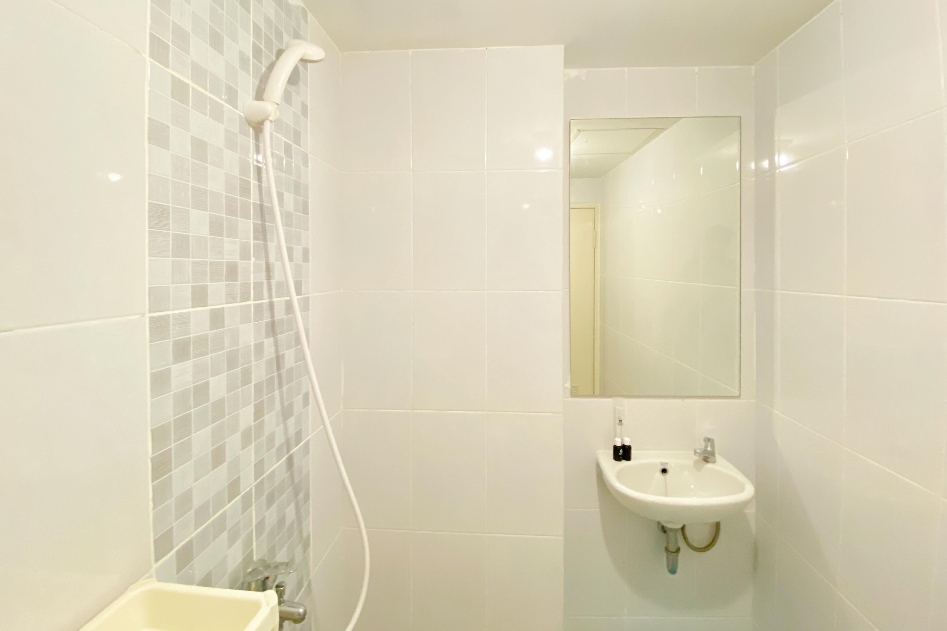 A bathroom with a shower, a sink, and a mirror.