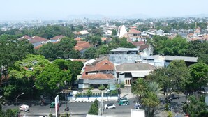 A residential area with houses, trees, and a clear view of the cityscape in the background.