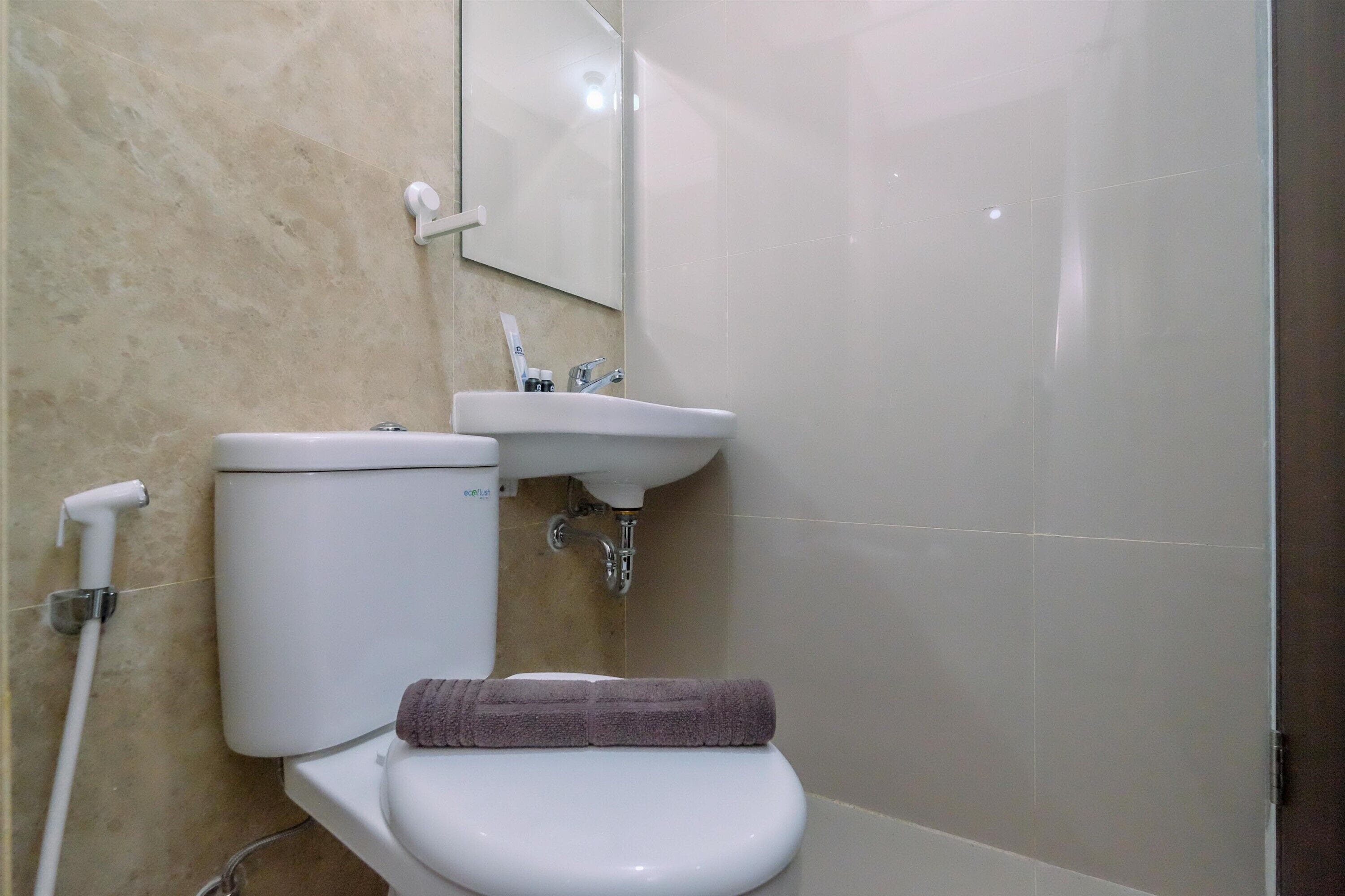 A bathroom with a toilet, sink, and mirror.