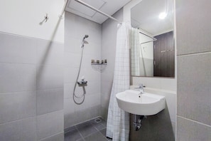 Bathroom features a shower area with handheld showerhead and wall-mounted faucet, along with a sink and mirror.